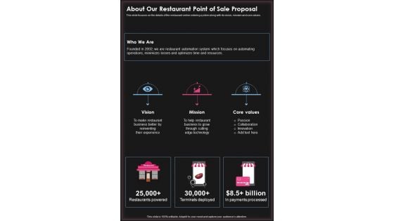 About Our Restaurant Point Of Sale Proposal One Pager Sample Example Document