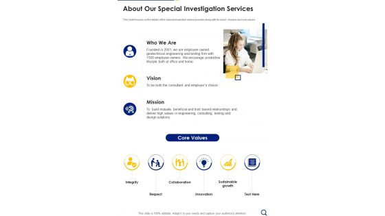 About Our Special Investigation Services One Pager Sample Example Document