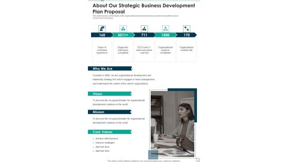 About Our Strategic Business Development Plan Proposal One Pager Sample Example Document