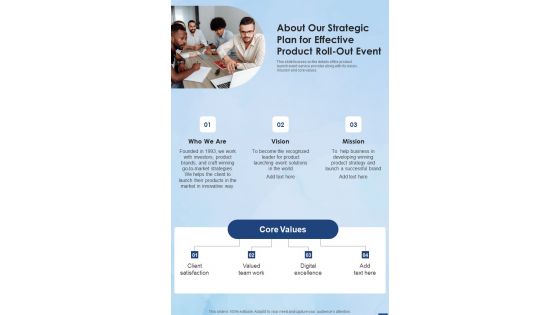 About Our Strategic Plan For Effective Product Roll Out Event One Pager Sample Example Document