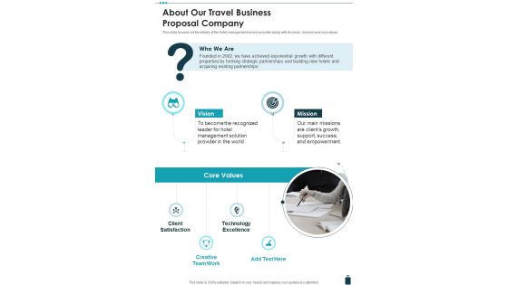 About Our Travel Business Proposal Company One Pager Sample Example Document