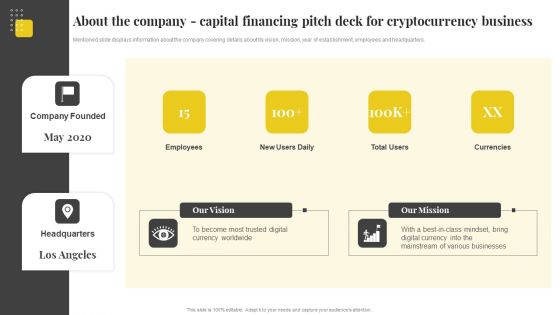 About The Company Capital Financing Pitch Deck For Cryptocurrency Business Designs PDF