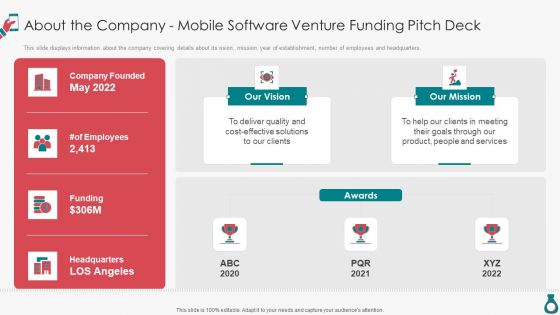 About The Company Mobile Software Venture Funding Pitch Deck Sample PDF