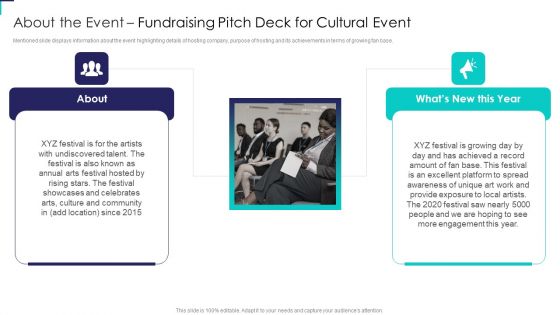 About The Event Fundraising Pitch Deck For Cultural Event Summary PDF