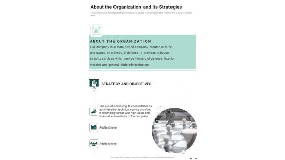 About The Organization And Its Strategies One Pager Documents