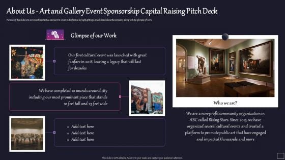 About Us Art And Gallery Event Sponsorship Capital Raising Pitch Deck Topics PDF Icons PDF