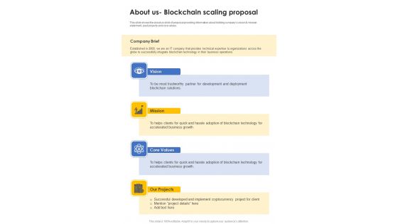 About Us Blockchain Scaling Proposal One Pager Sample Example Document