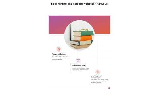 About Us Book Printing And Release Proposal One Pager Sample Example Document