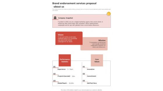 About Us Brand Endorsement Services Proposal One Pager Sample Example Document