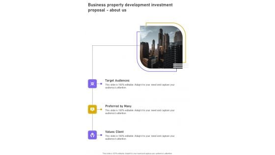 About Us Business Property Development Investment Proposal One Pager Sample Example Document About Us Business Property Development Investment Proposal One Pager Sample Example Document