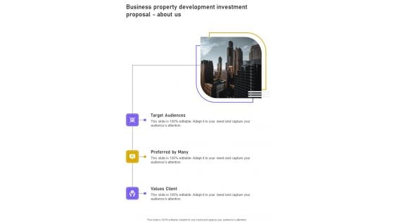 About Us Business Property Development Investment Proposal One Pager Sample Example Document