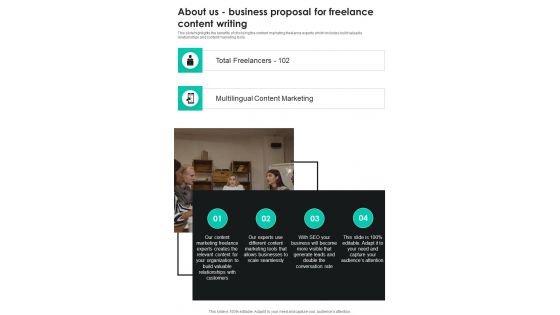 About Us Business Proposal For Freelance Content Writing One Pager Sample Example Document