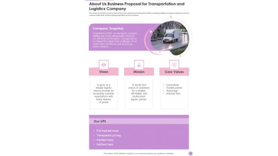 About Us Business Proposal For Transportation And Logistics Company One Pager Sample Example Document About Us Business Proposal For Transportation And Logistics Company One Pager Sample Example Document
