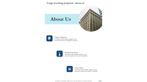 About Us Cargo Trucking Proposal One Pager Sample Example Document