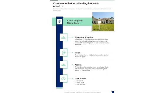 About Us Commercial Property Funding Proposal One Pager Sample Example Document