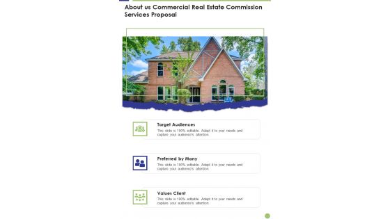 About Us Commercial Real Estate Commission Services Proposal One Pager Sample Example Document