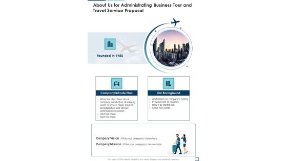 About Us For Administrating Business Tour And Travel Service Proposal One Pager Sample Example Document About Us For Administrating Business Tour And Travel Service Proposal One Pager Sample Example Document