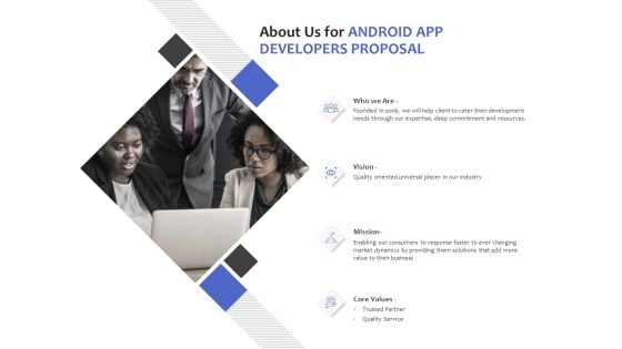 About Us For Android App Developers Proposal Ppt PowerPoint Presentation Summary Display