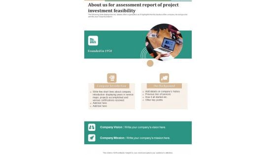 About Us For Assessment Report Of Project Investment Feasibility One Pager Sample Example Document