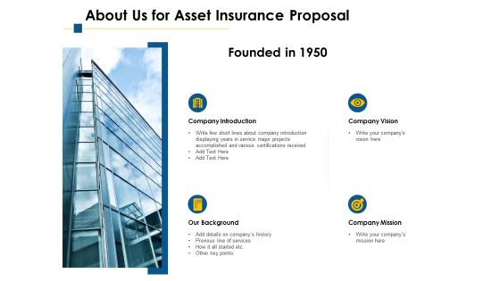 About Us For Asset Insurance Proposal Ppt PowerPoint Presentation Icon Slide Download