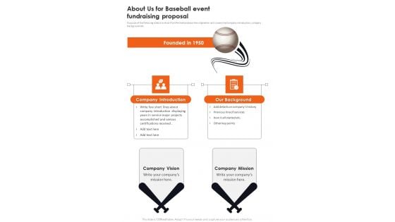 About Us For Baseball Event Fundraising Proposal One Pager Sample Example Document