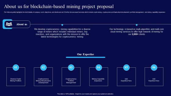 About Us For Blockchain Based Mining Project Proposal Ppt Inspiration PDF