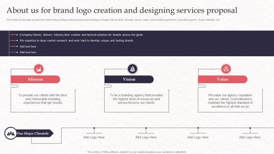 About Us For Brand Logo Creation And Designing Services Proposal Inspiration PDF