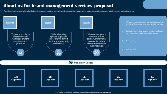 About Us For Brand Management Services Proposal Ppt PowerPoint Presentation Gallery Visual Aids PDF