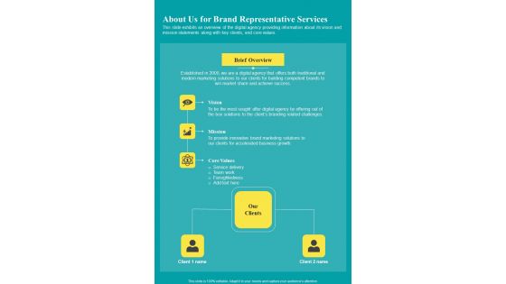 About Us For Brand Representative Services One Pager Sample Example Document