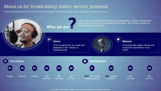 About Us For Broadcasting Station Service Proposal Ppt File Layout Ideas PDF