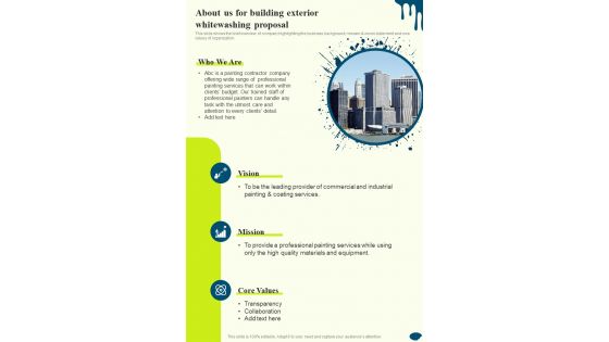 About Us For Building Exterior Whitewashing Proposal One Pager Sample Example Document