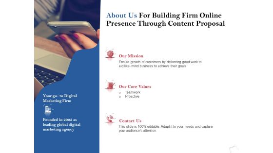 About Us For Building Firm Online Presence Through Content Proposal Ppt PowerPoint Presentation Summary Aids