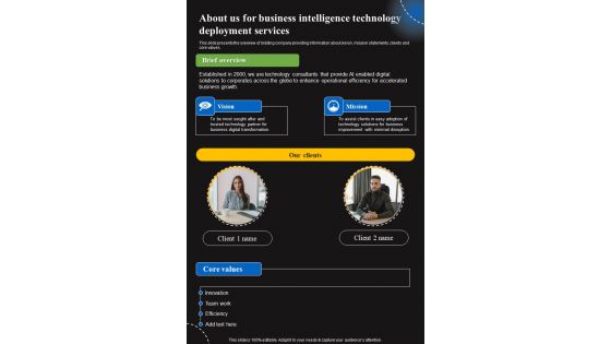 About Us For Business Intelligence Technology Deployment Services Mission One Pager Sample Example Document About Us For Business Intelligence Technology Deployment Services Mission One Pager Sample Example Document