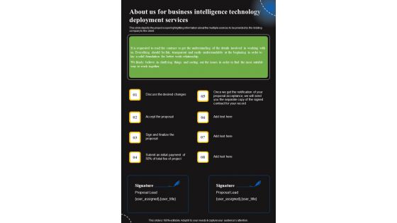 About Us For Business Intelligence Technology Deployment Services One Pager Sample Example Document