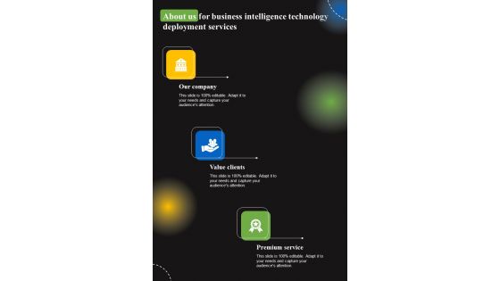 About Us For Business Intelligence Technology Deployment Services Value Clients One Pager Sample Example Document