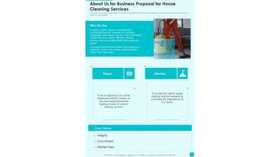 About Us For Business Proposal For House Cleaning Services One Pager Sample Example Document