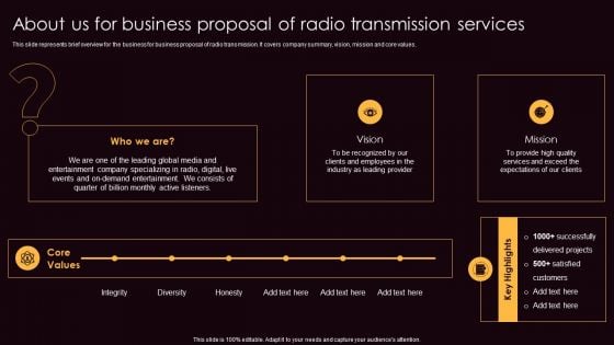 About Us For Business Proposal Of Radio Transmission Services Summary PDF