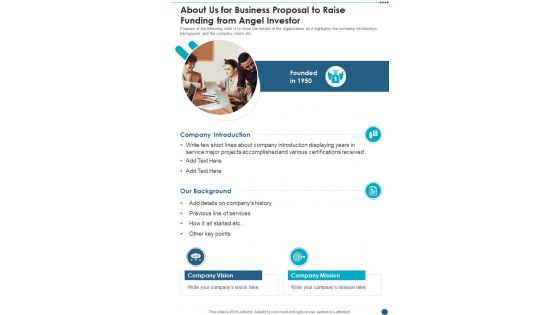 About Us For Business Proposal To Raise Funding From Angel Investor One Pager Sample Example Document About Us For Business Proposal To Raise Funding From Angel Investor One Pager Sample Example Document
