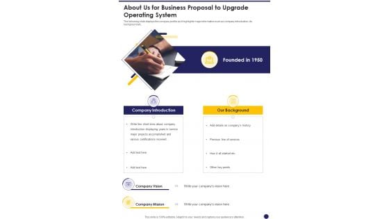 About Us For Business Proposal To Upgrade Operating System One Pager Sample Example Document About Us For Business Proposal To Upgrade Operating System One Pager Sample Example Document