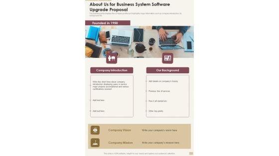 About Us For Business System Software Upgrade Proposal One Pager Sample Example Document