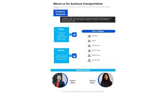 About Us For Business Transportation One Pager Sample Example Document About Us For Business Transportation One Pager Sample Example Document