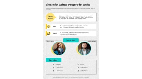 About Us For Business Transportation Service One Pager Sample Example Document