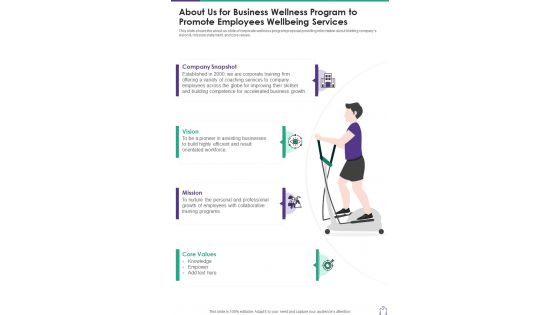 About Us For Business Wellness Program To Promote One Pager Sample Example Document About Us For Business Wellness Program To Promote One Pager Sample Example Document