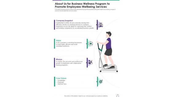 About Us For Business Wellness Program To Promote One Pager Sample Example Document