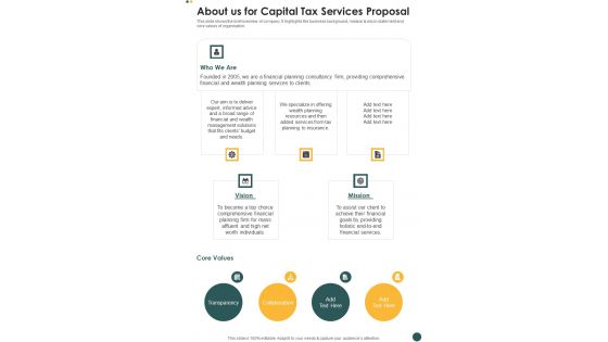 About Us For Capital Tax Services Proposal One Pager Sample Example Document