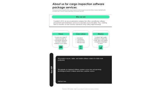 About Us For Cargo Inspection Software Package Services One Pager Sample Example Document About Us For Cargo Inspection Software Package Services One Pager Sample Example Document