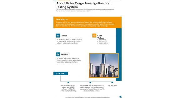 About Us For Cargo Investigation And Testing System One Pager Sample Example Document