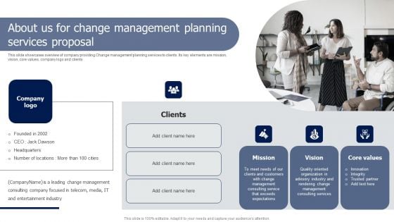 About Us For Change Management Planning Services Proposal Clipart PDF