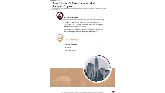 About Us For Coffee House Market Analysis Proposal One Pager Sample Example Document