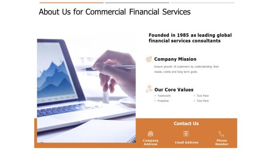 About Us For Commercial Financial Services Ppt PowerPoint Presentation Slides Deck